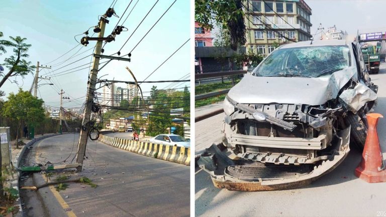 ललितपुरको सातदोबाटो–हात्तीवन ओरालोमा कारको ठक्करबाट बिजुलीको पोल भाँचियो