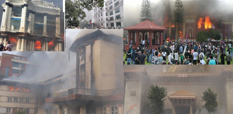 सर्वोच्च अदालत,  सिंहदरबार, राष्ट्रपति भवन, संसद भवन जलेर नष्ट